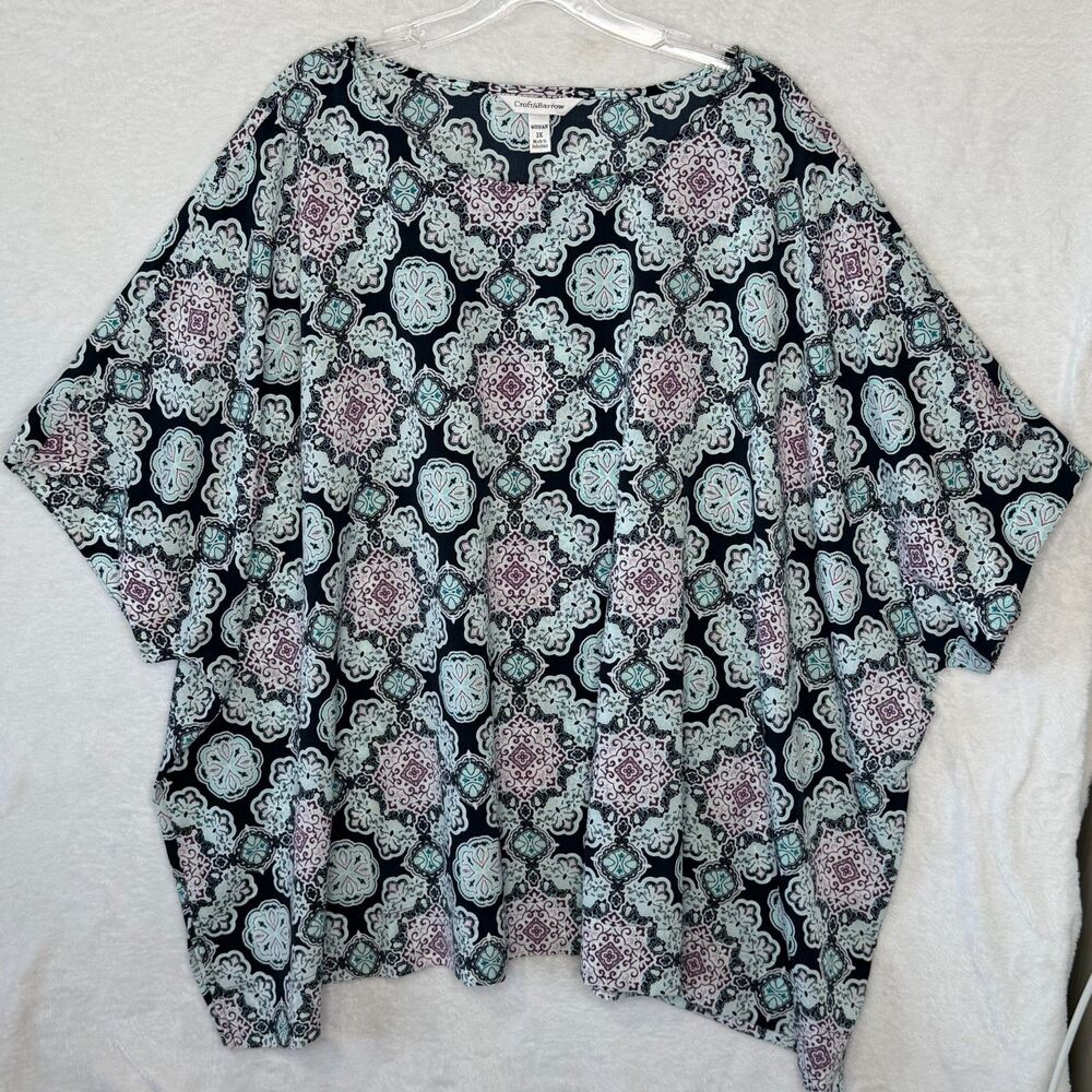Croft & Barrow Women's 3X Blue Purple Geometric‎ Short Sleeve Blouse Polyester